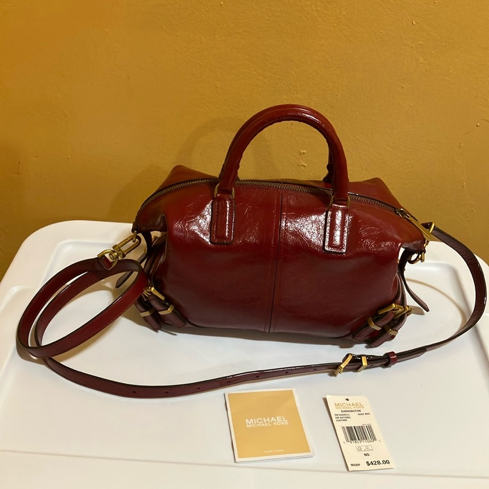 MICHAEL Michael Kors  Darrington Deep Red SM Satchel crackled leather